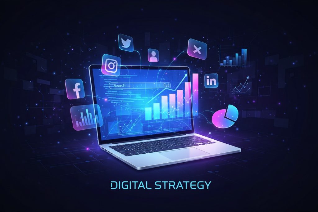 Un ordinateur portable affiche des graphiques financiers et des icônes de réseaux sociaux sur son écran.