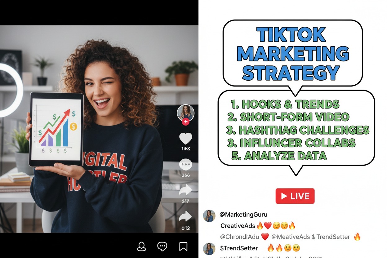 Une femme bouclée montre une tablette affichant un graphique de croissance financière aux côtés de conseils pour une stratégie marketing sur TikTok.